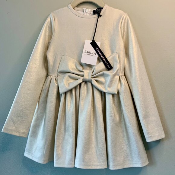 BARDOT JUNIOR Shimmer Party Dress Girls 6 NEW Big Bow Wool Blend Gold Cream NWT - Picture 9 of 9